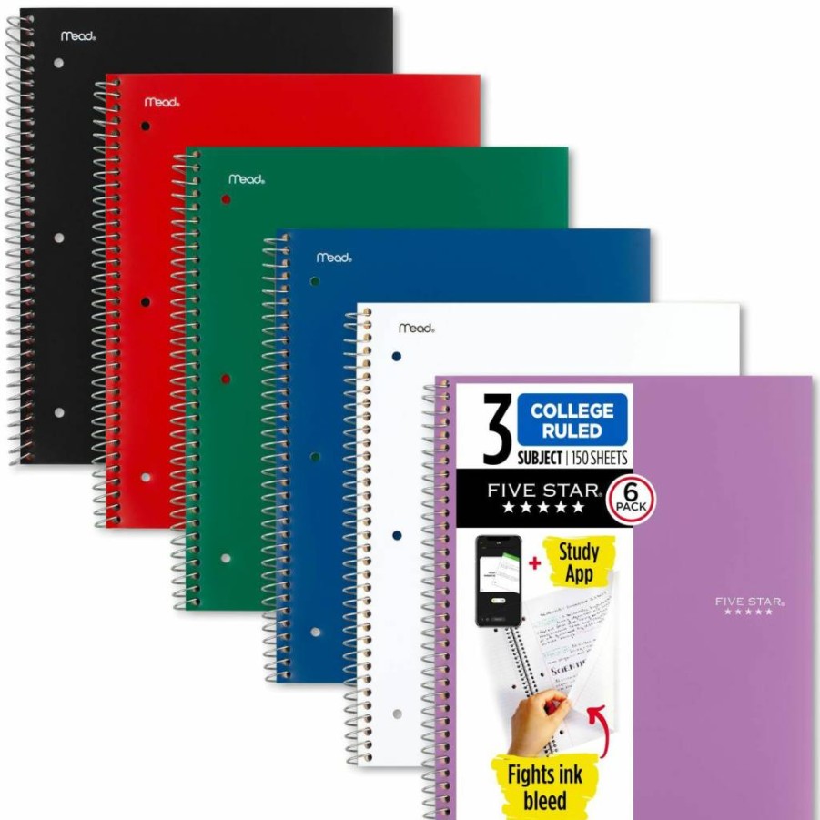 Amazon Basics 3-Pack Spiral Notebook College Ruled - 3 Subject, 150 Sheets (8.5"x11"), Water Resistant Cover, Anti-Bleed Paper - Black, White, Purple with Free Study App Access