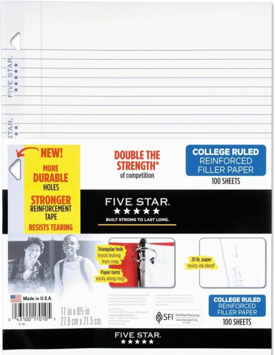 Five Star Reinforced College Ruled Loose Leaf Paper, 4-Pack (8.5 x 11, 80 Sheets/Pack) with Free Study App – Notebook Filler Paper for School & Office (170024-ECM)