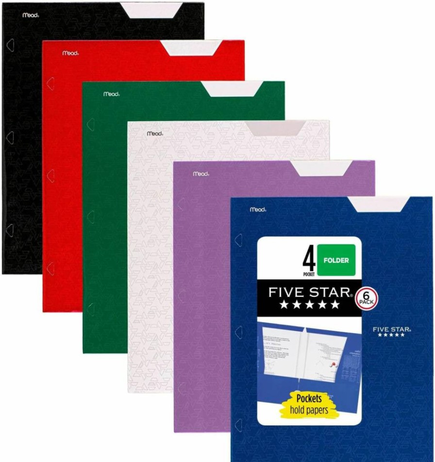 Five Star 6-Pack 4-Pocket Folders for 3-Ring Binders, Letter Size 8.5" x 11", Assorted Colors (38056)