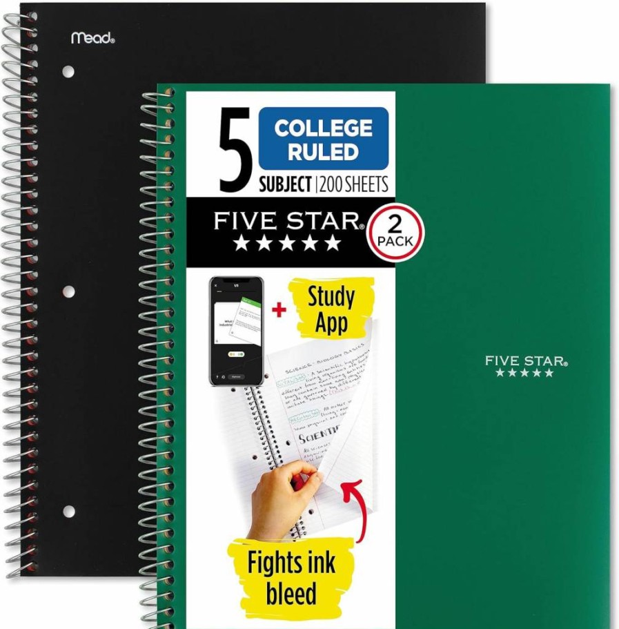 Five Star Spiral Notebook 3-Pack: 1-Subject College Ruled, 100 Sheets per Notebook, 11" x 8.5", Black White & Purple, Includes Study App (820188-ECM)