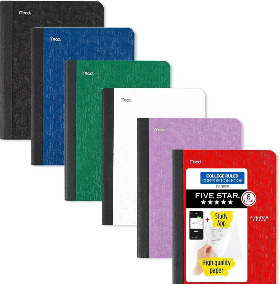 Five Star College Ruled Composition Notebooks 6-Pack with Study App, 9.75" x 7.5", 80 Sheets per Book, Assorted Colors (Black, Red, Green, Blue, Purple, White) - 850065A-ECM