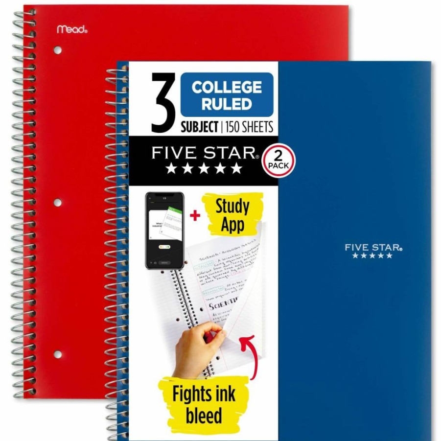 Amazon Basics 5-Star Spiral Notebook 2-Pack: 3-Subject College Ruled, 8.5" x 11", 150 Sheets, Ink-Bleed Resistant with Waterproof Cover (Black & Green) - Includes Study App Access