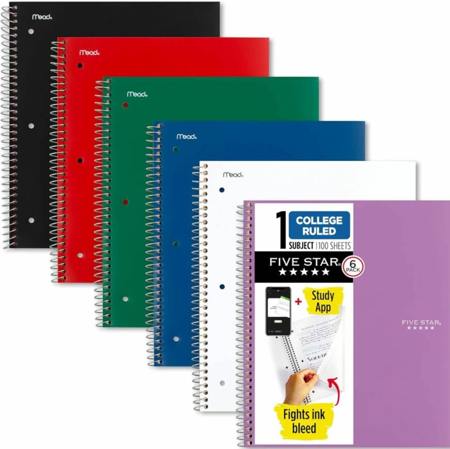 Five Star Spiral Notebook 6-Pack, 1-Subject College Ruled, 8.5" x 11", 100 Sheets, Ink-Bleed Resistant, Waterproof Cover, Assorted Colors (38052) with Study App