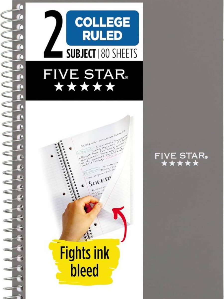 Five Star Spiral Notebook 2 Subject, 6" x 9.5" College Ruled, 80 Sheets, Ink Bleed Resistant & Water Resistant Cover, Gray (840029Aa3-Ecm)