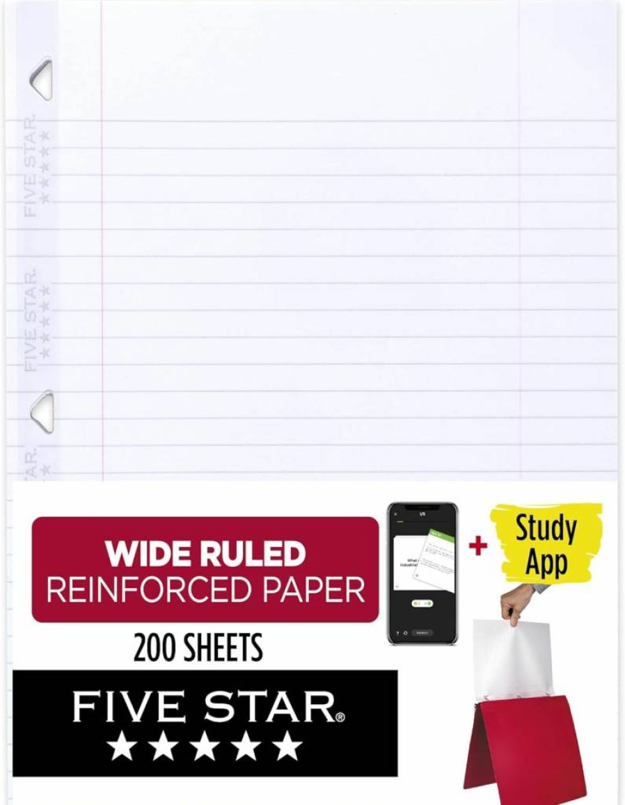 Five Star Reinforced Wide Ruled Loose Leaf Paper - 8" x 10.5", 80 Sheets, Anti-Bleed Filler Paper with Free Study App (150002)