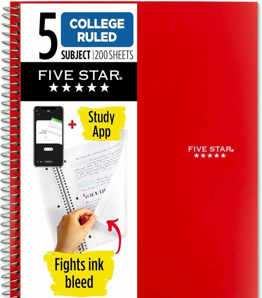 Five Star Spiral Notebook 5 Subject College Ruled, 8.5" x 11" 200 Sheets, Ink Bleed Resistant Paper with Waterproof Cover, Includes Study App (72460)
