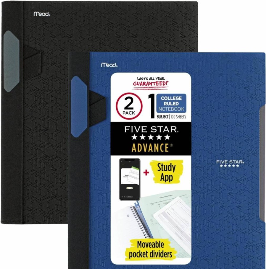 Five Star Advance Spiral Notebook 6-Pack: 1-Subject College Ruled Paper, 11" x 8.5", 100 Sheets per Notebook, with Spiral Guard & Movable Dividers - Black, Red, Blue, Green, White, Purple (Model 38635)