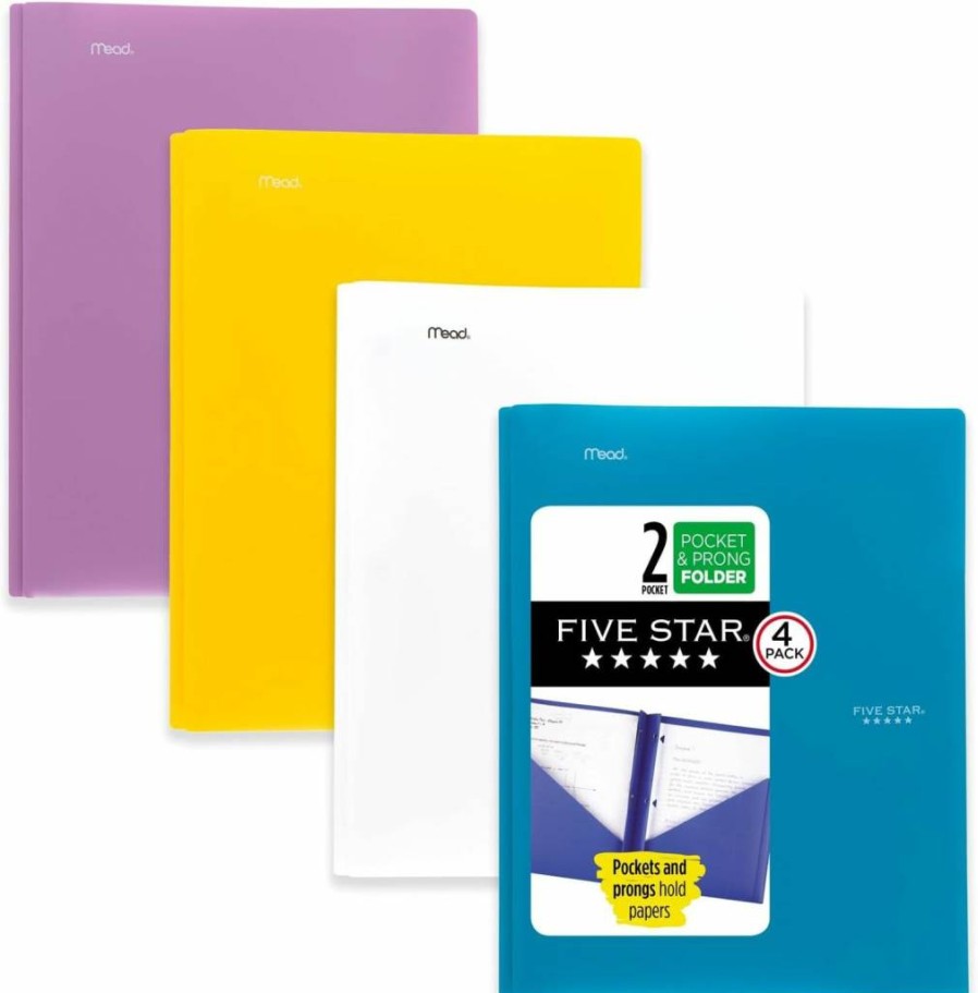 Five Star 4-Pack 2-Pocket Plastic Folders with Prong Fasteners, Letter Size 11 x 8.5 Inch, Assorted Colors - Tidewater Blue, White, Purple, Yellow (38136)