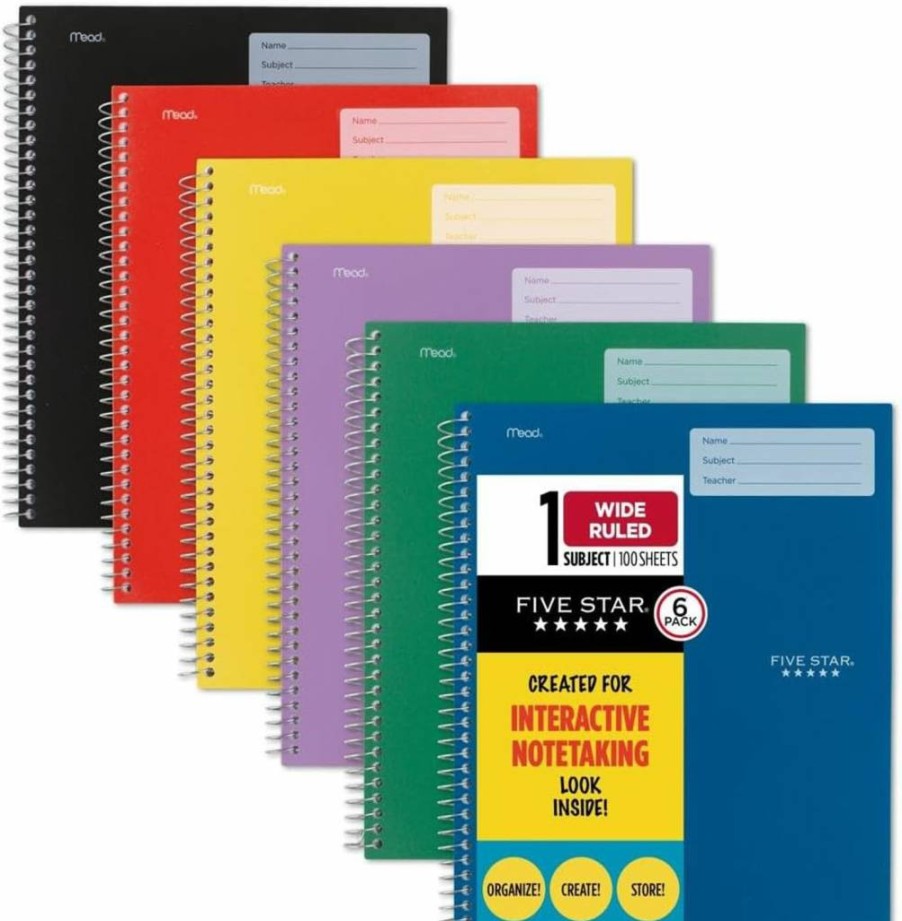 Five Star 6-Pack 1-Subject Spiral Notebooks, Wide Ruled, 11" x 8.5", 100 Sheets per Notebook, Assorted Colors (Fire Red, Yellow, Green, Blue, Purple, Black)