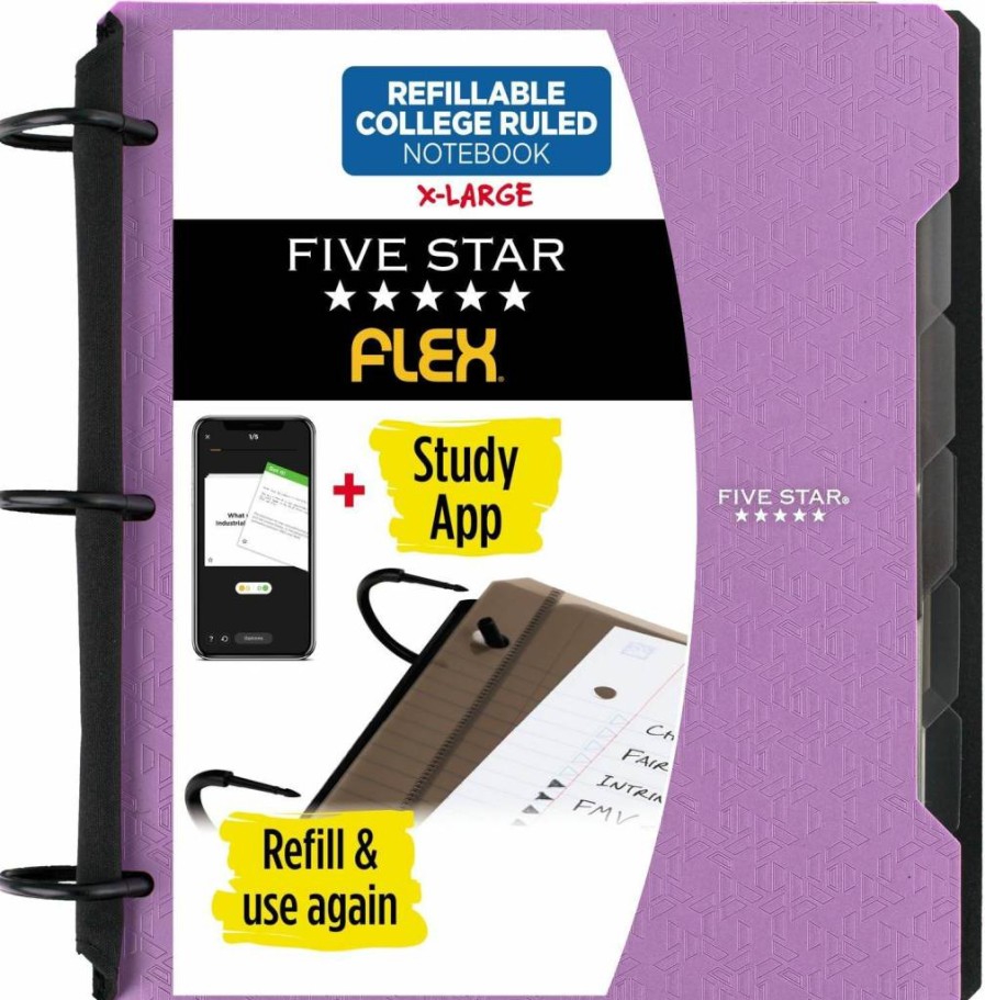 Five Star Flex Refillable Notebook with Study App, 1.5" Techlock Binder, College Ruled Paper, 300 Sheets, Includes Pockets & Dividers, Amethyst Purple (29324Ab6)