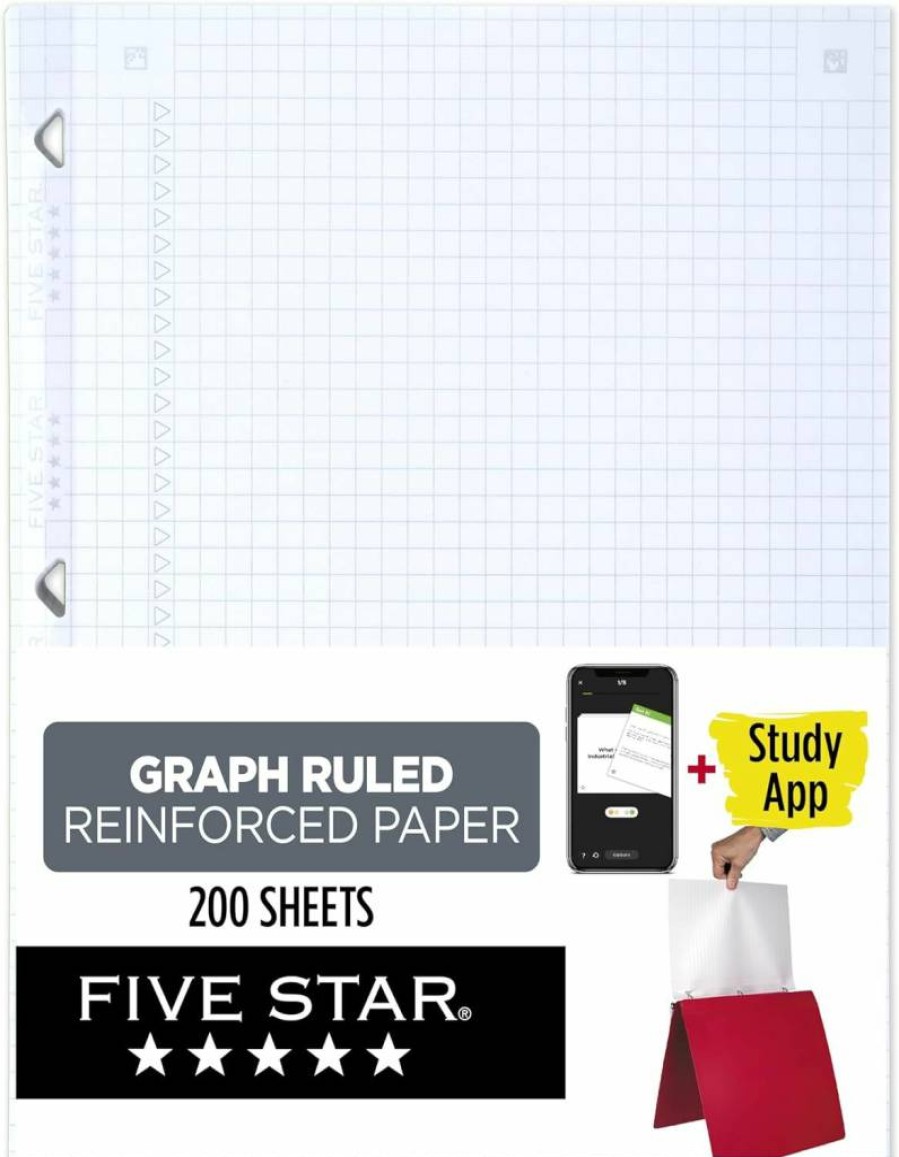 Five Star Reinforced Loose Leaf Paper, 8.5" x 11" Graph Ruled Filler Notebook, 80 Sheets, Anti-Bleed Technology, Includes Study App Access