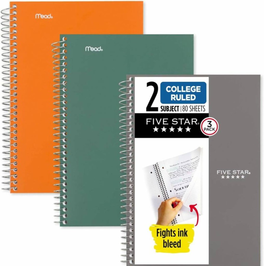 Five Star Spiral Notebook 3-Pack, 2 Subject College Ruled, 9.5" x 6", 80 Sheets per Notebook, Black, Tidewater Blue & Amethyst Purple (840029C-ECM)