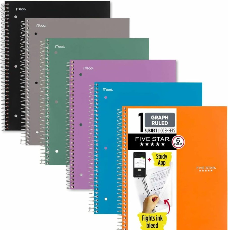 Five Star Spiral Notebook 6-Pack, 1-Subject Graph Ruled Paper, 8.5" x 11", 100 Sheets per Notebook, Ink-Bleed Resistance & Water-Resistant Cover, Assorted Colors (73549) + Free Study App