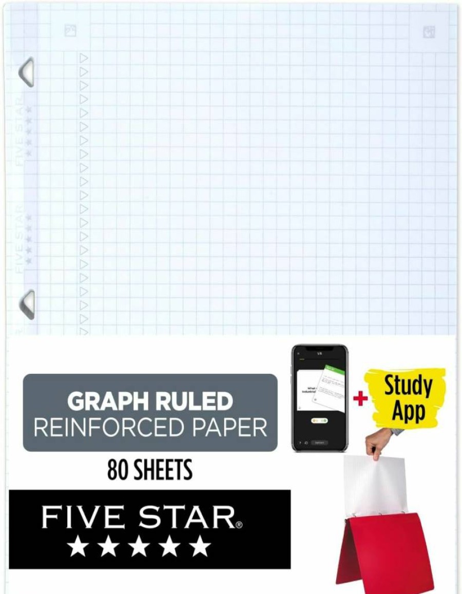 Five Star Reinforced Loose Leaf Paper, 3-Pack with Study App - 80 Sheets per Pack, College Ruled & Graph Paper, 8.5 x 11, Anti-Bleed Technology (170027)