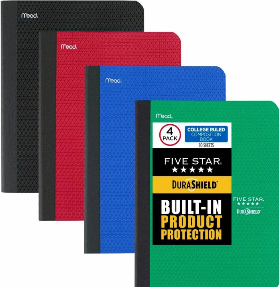 Five Star Composition Notebooks 4-Pack with Study App, Wide Ruled, 9.75" x 7.5", 80 Sheets, Antimicrobial, Assorted Colors (Black, Red, Green, Blue) - 950034A-Ecm