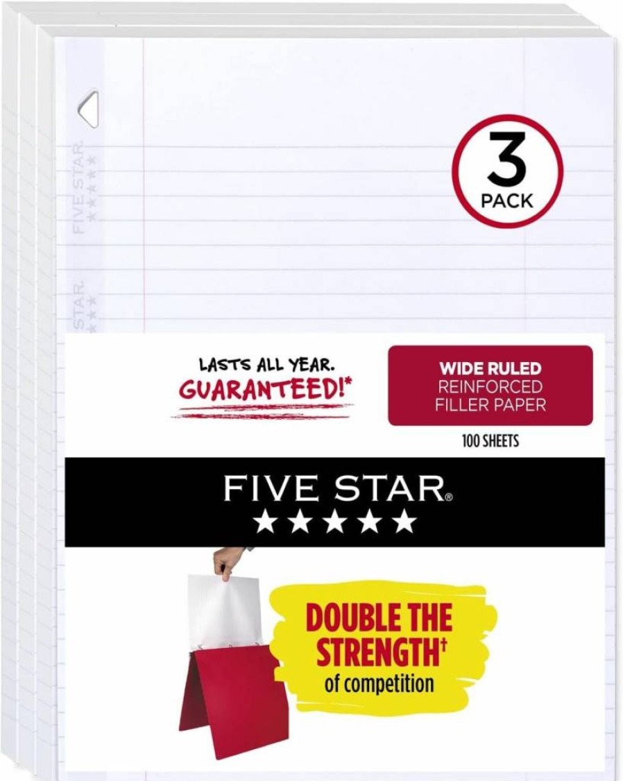 Five Star Reinforced Loose Leaf Paper, 6-Pack Wide Ruled Notebook Filler Paper, 8 x 10.5 Inches, 80 Sheets per Pack, Resists Ink Bleed (150025)