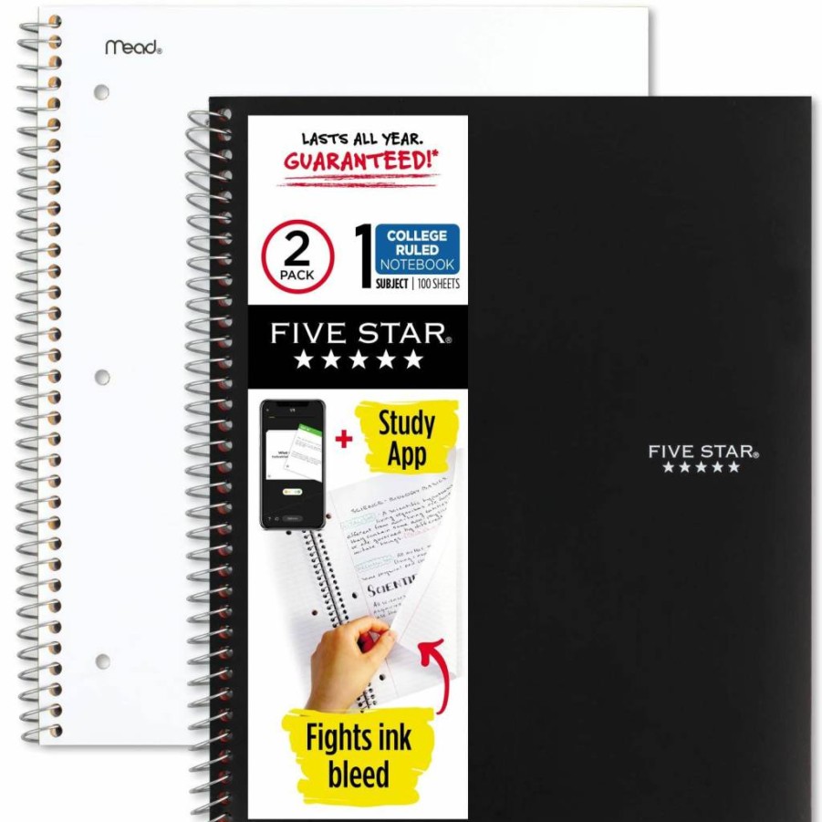 Amazon Basics 5-Star Spiral Notebook 2-Pack: 1-Subject College Ruled, 200 Sheets (11" x 8.5"), White & Purple, Includes Study App (820186-ECM)