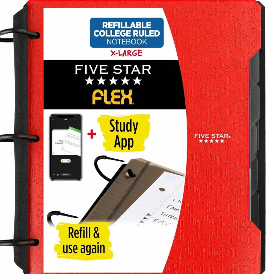 Five Star Flex Refillable Notebook with Study App - 1.5" Techlock Binder, College Ruled, 300 Sheets, Includes Pockets, Tabs & Dividers, Fire Red (29324AB2)