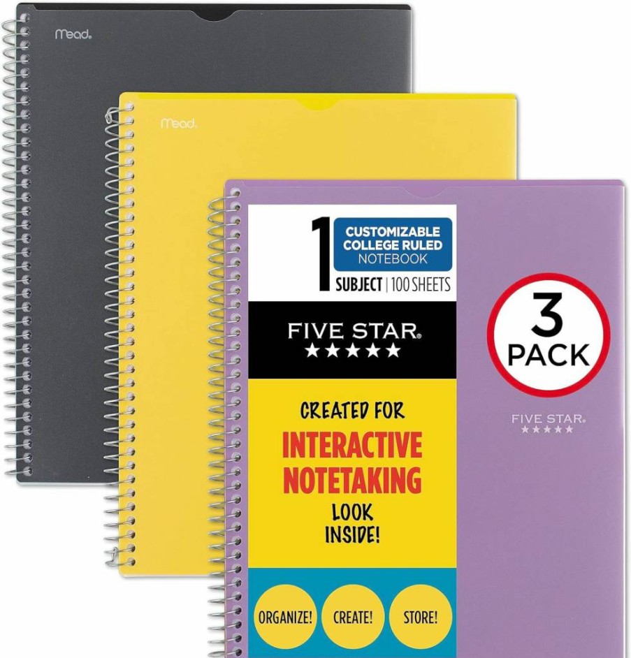 Five Star 3-Pack 1-Subject Spiral Notebooks, College Ruled, 11" x 8.5", 100 Sheets per Notebook, Customizable Covers (Black, Purple, Yellow)