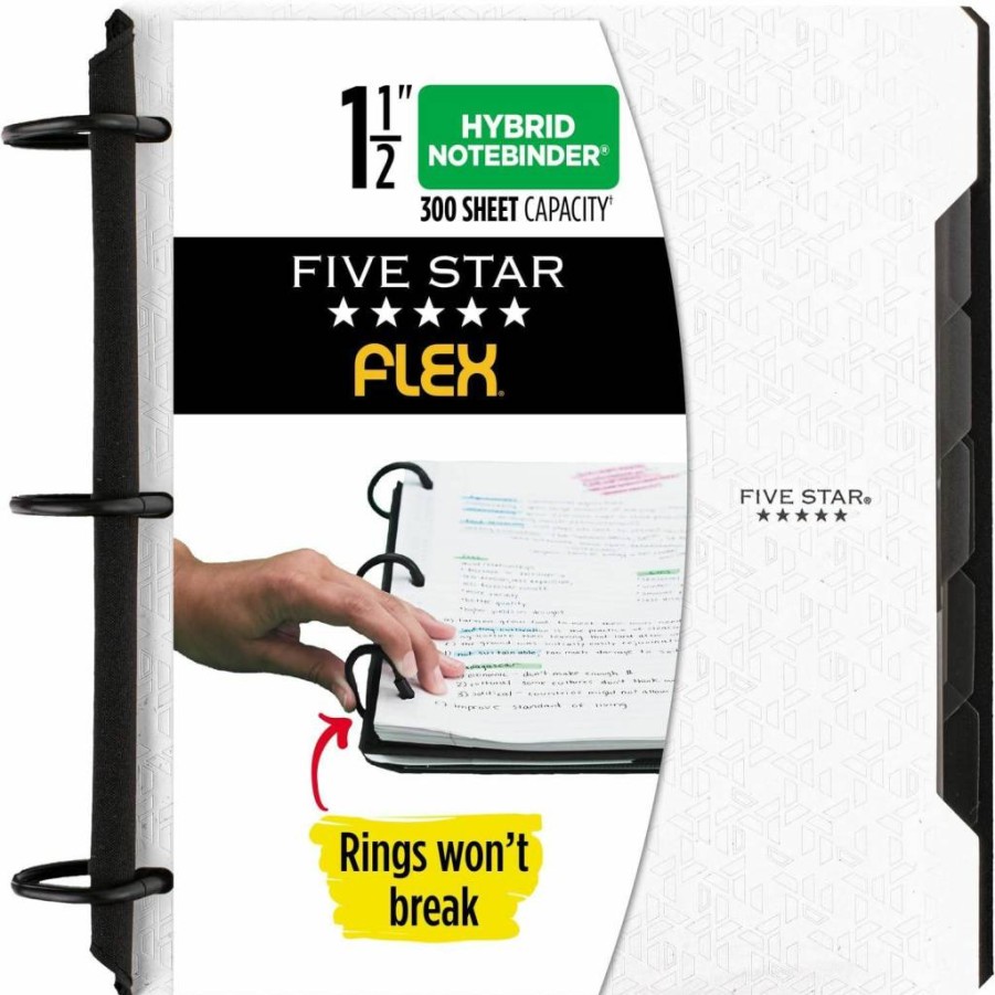 Five Star Flex Refillable Notebook with Study App, 1.5" Techlock Binder, College Ruled Paper, 300 Sheet Capacity, Includes Pockets, Tabs & Dividers, White (29324AE2)
