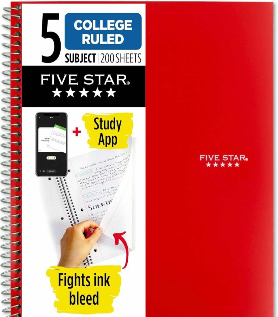 Five Star Spiral Notebook 5 Subject College Ruled, 8.5" x 11" 200 Sheets, Ink Bleed Resistant & Waterproof Cover, Fire Red (72077) with Study App Access
