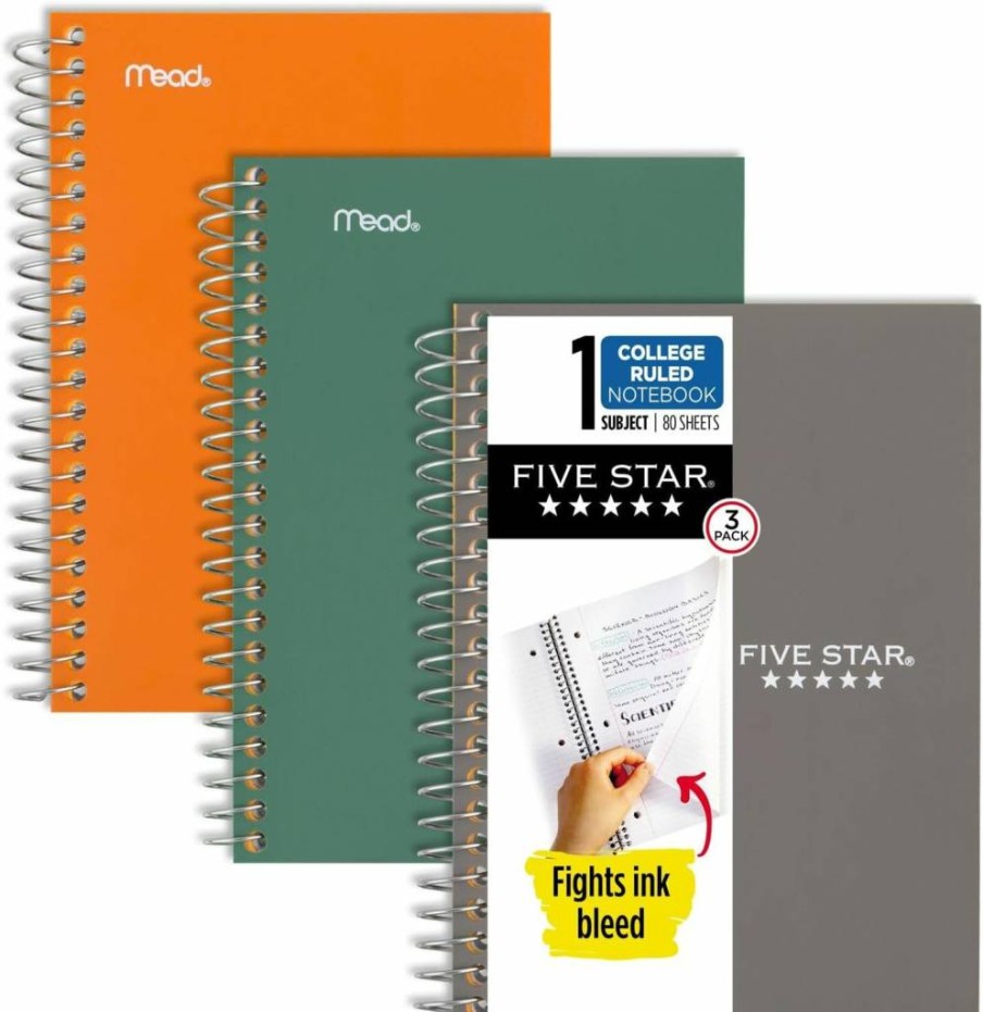 Five Star Spiral Notebook 3-Pack, 1 Subject College Ruled, 7" x 4.375" Personal Size, 80 Sheets per Notebook, Green Orange Gray (450048D-Ecm)