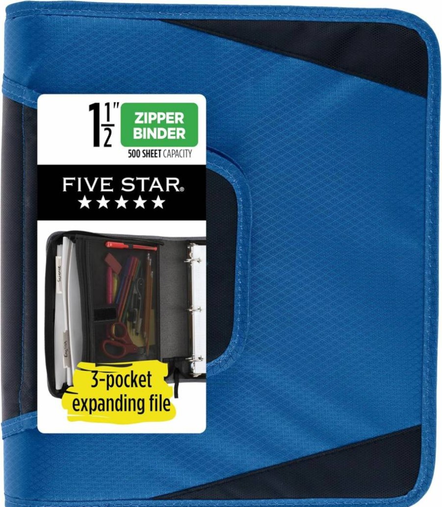 Five Star 1.5 Inch 3-Ring Binder with Round Rings, 3-Pocket Expanding File, 500 Sheet Capacity, Blue Zipper Binder (Model 72202)