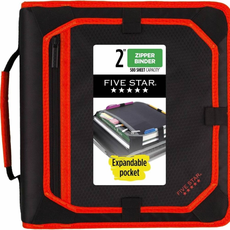 Five Star 2 Inch 3-Ring Binder with Zipper Closure, Round Rings, Expansion Panel, 5-Tab File Organizer, 580 Sheet Capacity, Red & Black (29052Ce8)