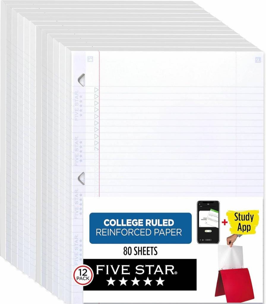 Five Star Reinforced College Ruled Loose Leaf Paper, 12-Pack, 8.5 x 11 Inches, 80 Sheets per Pack, Includes Study App (170026-ECM)