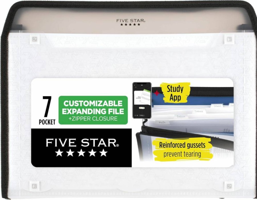 Five Star 7-Pocket Expanding File Organizer with Zipper Closure, Study App Included, Holds Letter Size Papers 8.5" x 11", White (350099E-Ecm)
