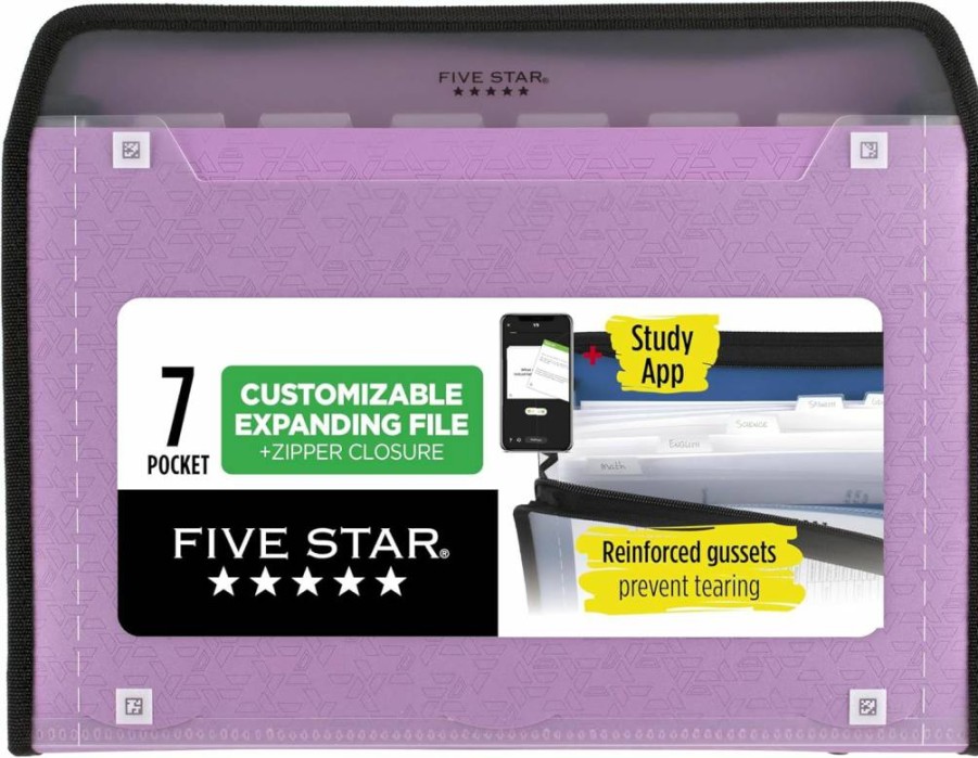 Five Star 7-Pocket Expanding File Organizer with Zipper Closure, Accordion Folder for 8.5 x 11 Papers, Includes Study App, Amethyst Purple (350099G-Ecm)