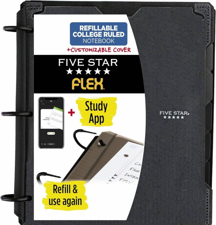 Five Star Flex Refillable Notebook with Study App - College Ruled 200 Sheet Binder, Customizable Cover, Pockets, Tabs & Dividers, 1 Inch Techlock Ring, Black (29326Aa2)