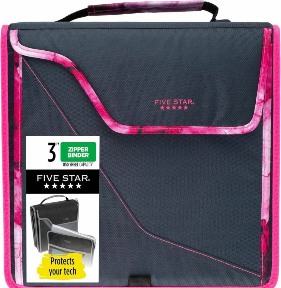 Five Star 3 Inch 3-Ring Binder with Zipper, Removable Padded Case, 5-Tab Expanding File, 850 Sheet Capacity, Multi-Use Strap - Navy/Pink (292960D)