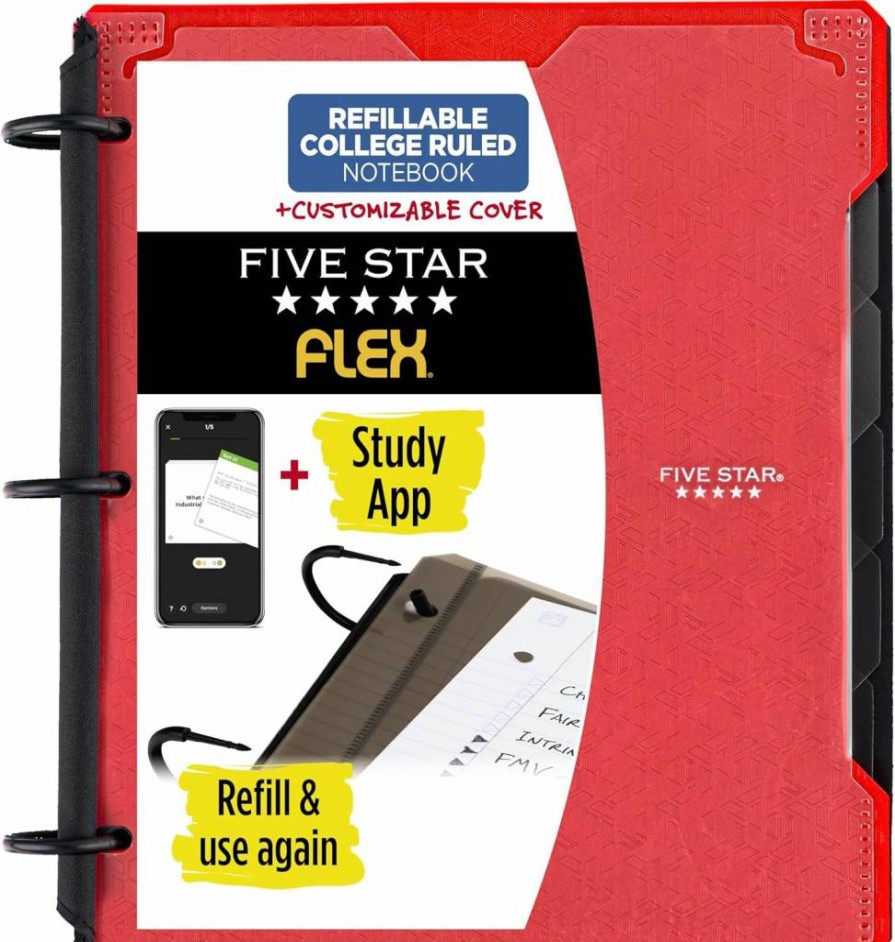 Five Star Flex Refillable Notebook with Study App - Customizable College Ruled Binder, 1 Inch Techlock Ring, 200 Sheet Capacity, Includes Pockets, Tabs & Dividers, Fire Red (29326Ab2)