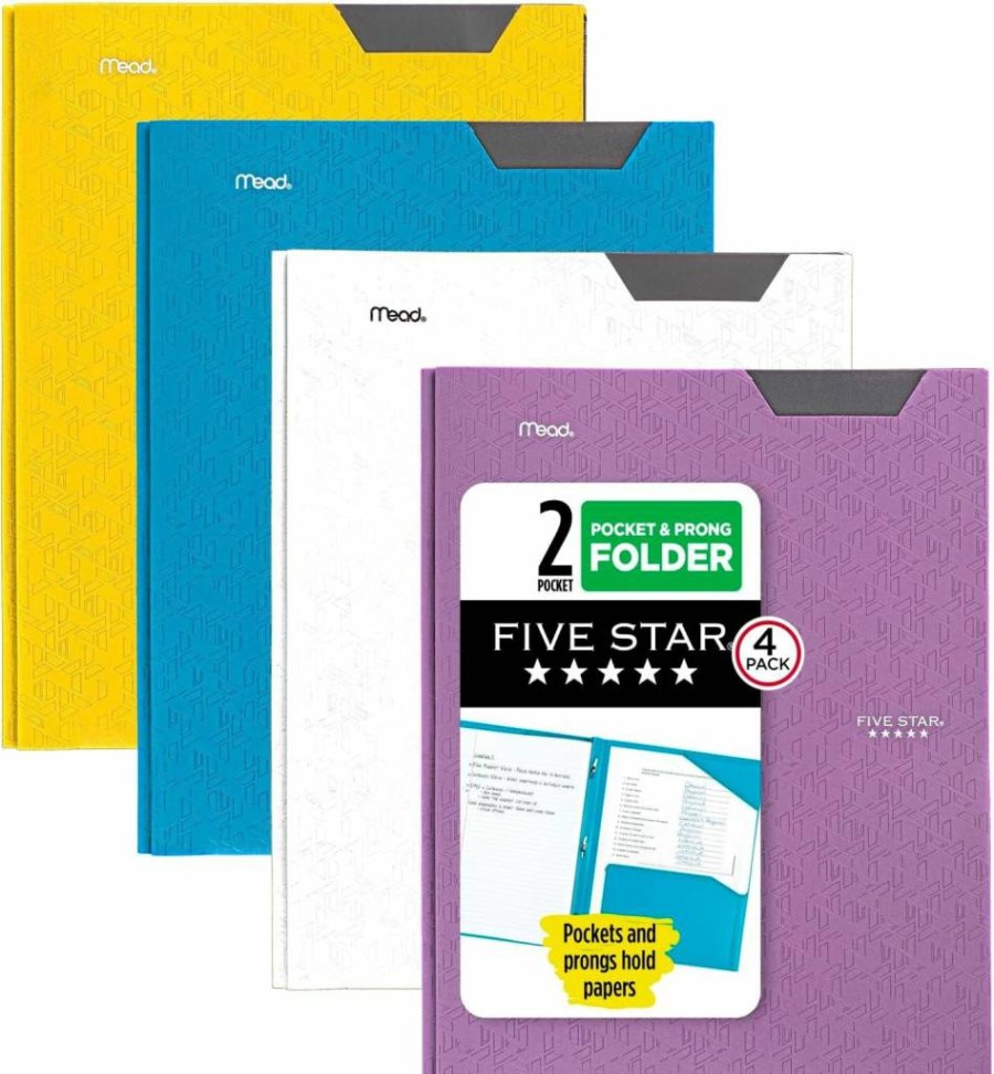 Five Star 4-Pack Plastic 2-Pocket Folders with Prong Fasteners & Stay-Put Tabs, Letter Size 8.5x11 Inch, Assorted Colors (Tidewater Blue, White, Purple, Yellow) for School & Office Supplies