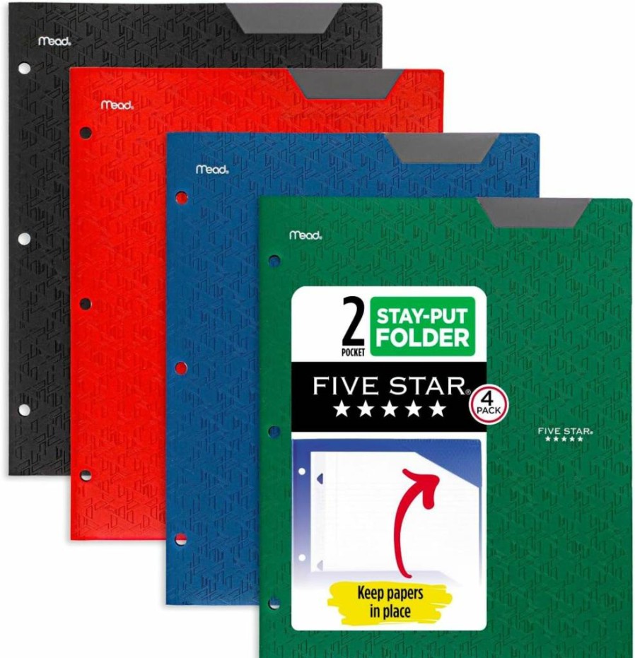 Five Star 4-Pack Plastic 2-Pocket Folders with Stay-Put Tabs, 3-Ring Binder Compatible, 8.5x11 Inch Paper Size, Assorted Colors (Tidewater Blue, White, Purple, Yellow)