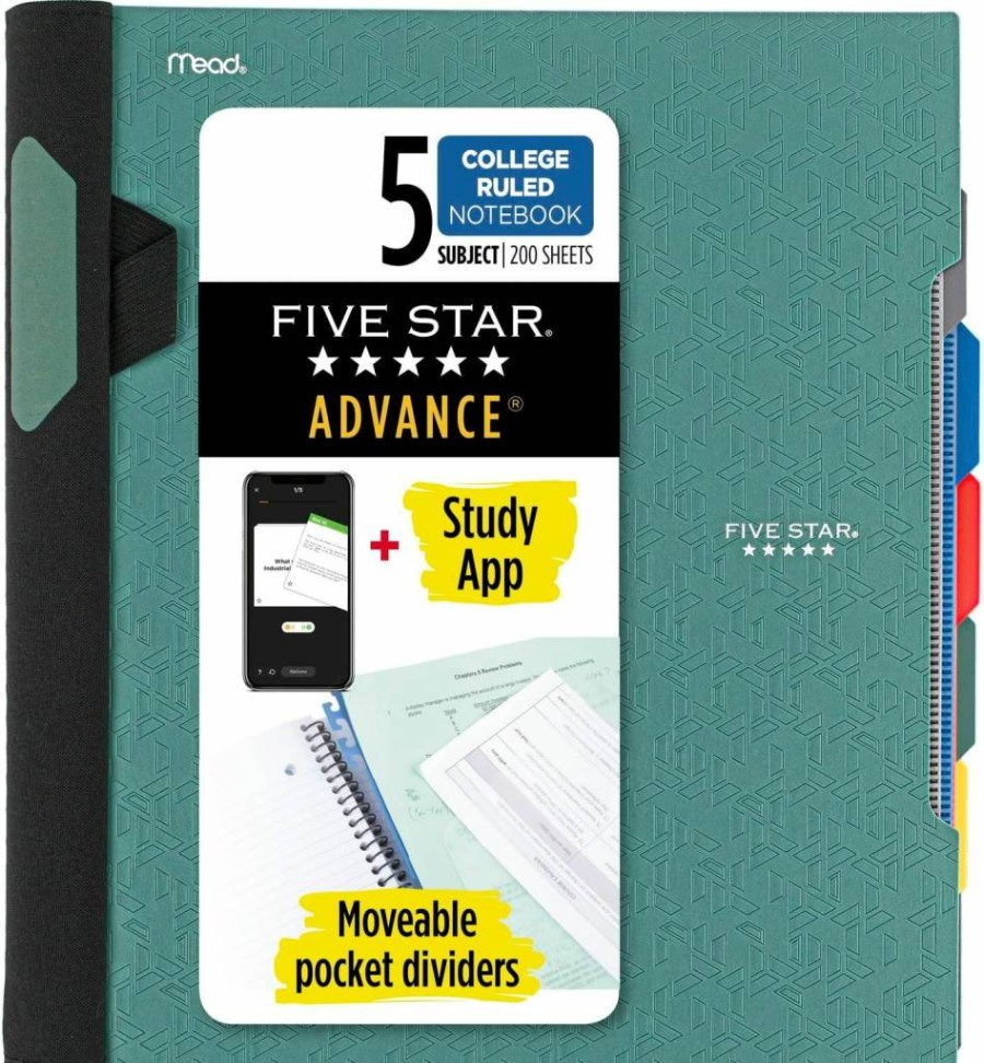 Five Star Flex Refillable Notebook with Study App - College Ruled 1 Inch Binder, Customizable Cover, Pockets, Tabs, Dividers, 200 Sheets, Seaglass Green (29326Aq8)