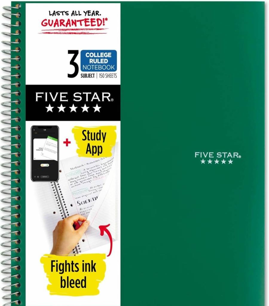 Five Star 3 Subject Spiral Notebook with College Ruled Paper, 150 Sheets, 8.5" x 11", White - Includes Study App, Ink Bleed Protection & Water Resistant Cover (72464)