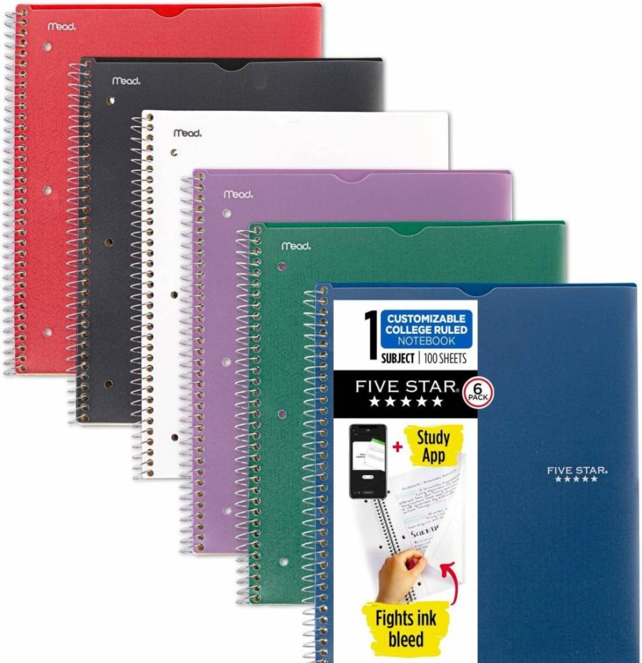 Five Star Spiral Notebook 6-Pack, 1 Subject College Ruled, 8.5" x 11" 100 Sheets, Ink Bleed Protection, Customizable Waterproof Cover, Assorted Colors (820045-ECM) with Study App