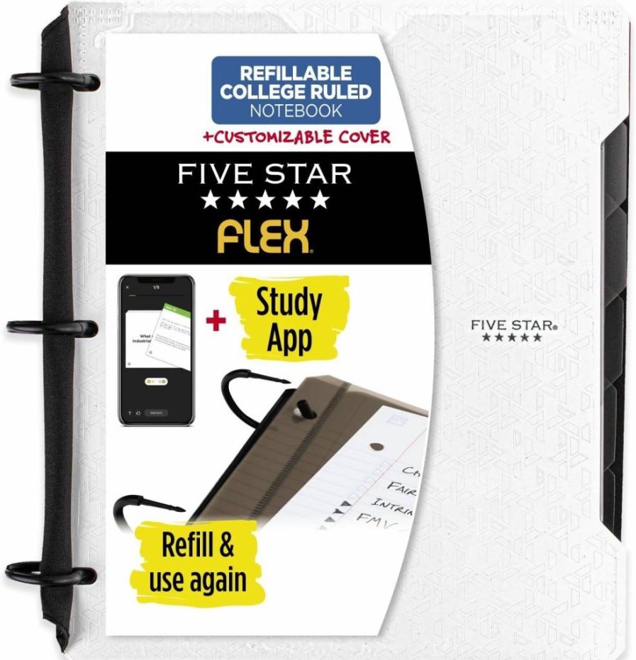 Five Star Flex Refillable Notebook with Study App - Customizable College Ruled Binder, 1" Techlock Ring, 200 Sheets, Pockets, Tabs & Dividers, White (29326Ae2)