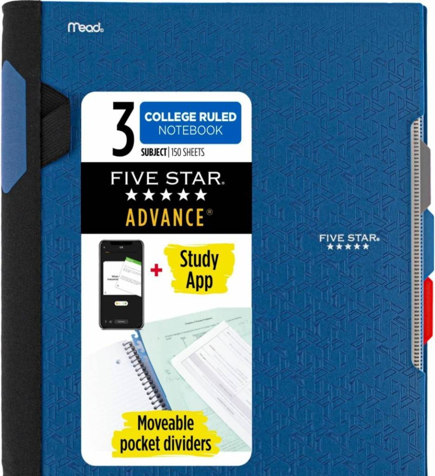 Five Star 3 Subject Spiral Notebook with Study App, 8.5" x 11" College Ruled, 150 Sheets, Spiral Guard & Movable Tabs, White (73142)