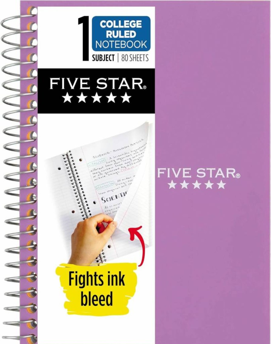 Five Star Spiral Notebook, 1 Subject, College Ruled, 4.375" x 7", 80 Sheets, Ink Bleed Resistant, Water Resistant Cover, Amethyst Purple (450048CF1-ECM)
