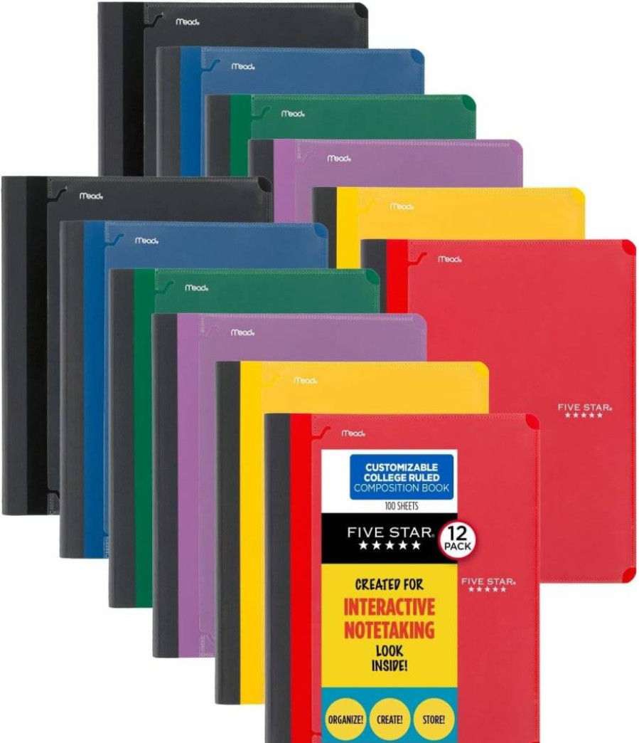 Five Star 12-Pack College Ruled Composition Notebooks, 1-Subject, 100 Sheets, 11x8.5 Inch, 6 Colors - Red, Yellow, Green, Blue, Purple, Black (38614)