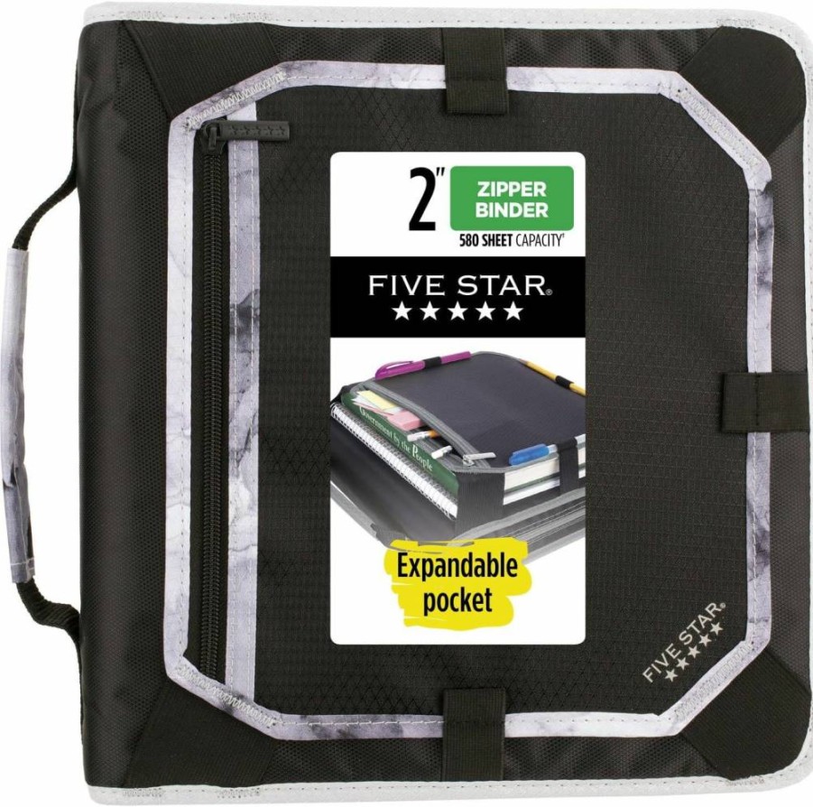 Five Star 2 Inch 3-Ring Binder with Zipper Closure, Round Rings, Expansion Panel, 5-Tab Expanding File, 580 Sheet Capacity, Black/Gray (29052It8)