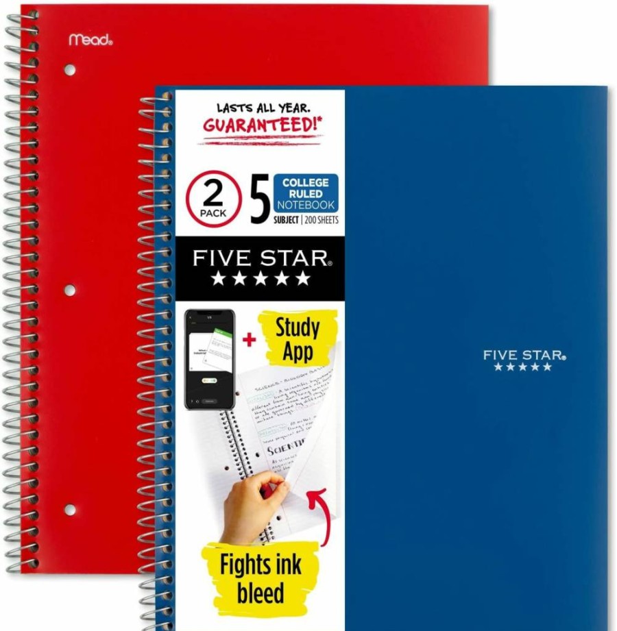 Five Star Spiral Notebook 2-Pack: 5-Subject College Ruled Paper, 200 Sheets, 8.5" x 11", Pacific Blue & Fire Red, Includes Study App (38459)