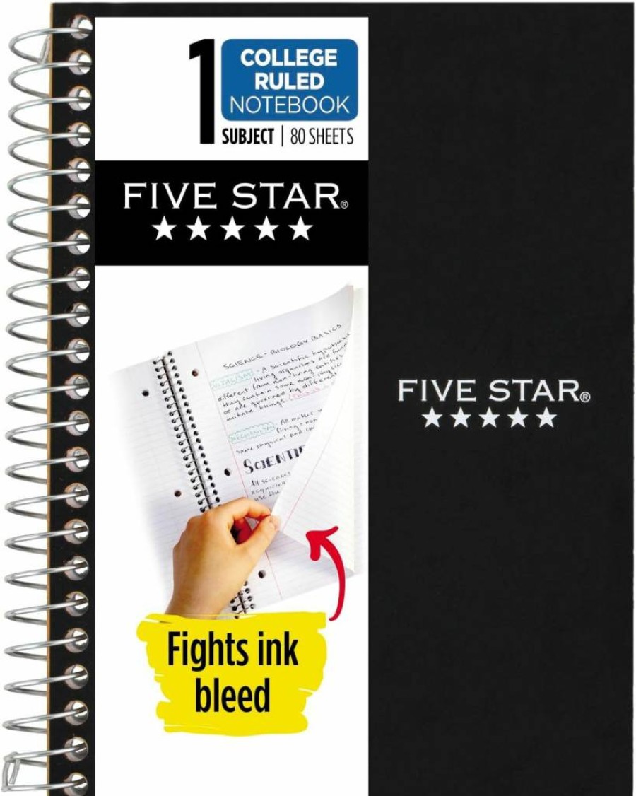 Five Star Spiral Notebook, 1 Subject College Ruled, 4.375" x 7" Personal Size, 80 Sheets, Ink Bleed Resistant, Water Resistant Cover, Black (450048Aa2-Ecm)