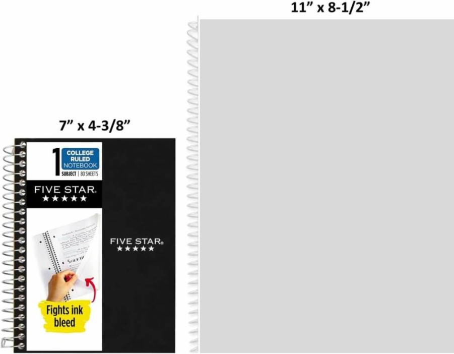 Five Star Spiral Notebook, 1 Subject College Ruled, 4.375" x 7" Personal Size, 80 Sheets, Ink Bleed Resistant, Water Resistant Cover, Black (450048Aa2-Ecm)