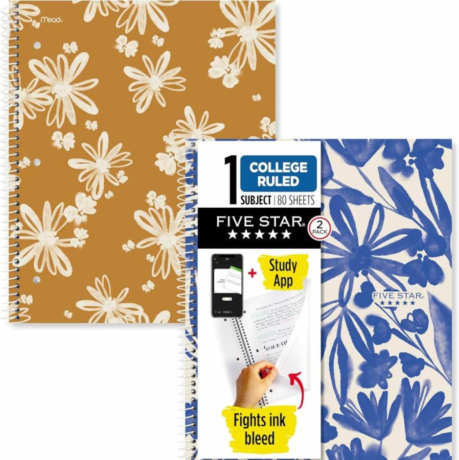 Five Star Spiral Notebook 2-Pack with Study App, 1 Subject College Ruled, 8.5" x 11" 80 Sheets, Ink Bleed Resistant & Waterproof Cover, Soft Petals Design (820331F-Ecm)